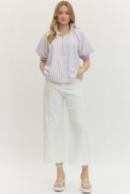 Load image into Gallery viewer, Lavender striped short puff sleeve top
