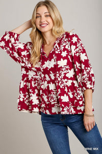 Two Tone Floral Printed Balloon Sleeve Top with Ruffle Detail