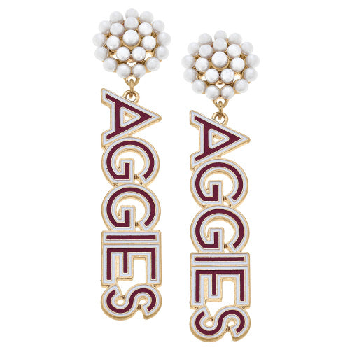 TEXAS A&M AGGIES PEARL CLUSTER OUTLINE ENAMEL DROP EARRINGS IN MAROON/WHITE