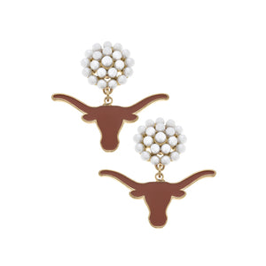 TEXAS LONGHORNS PEARL CLUSTER ENAMEL DROP EARRINGS IN BURNT ORANGE