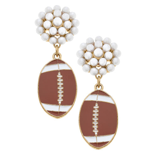 FOOTBALL PEARL CLUSTER ENAMEL DROP EARRINGS IN BROWN