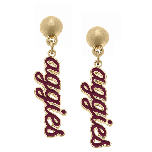 TEXAS A&M AGGIES ENAMEL SCRIPT EARRINGS IN MAROON & WORN GOLD