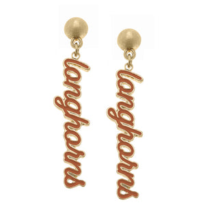 TEXAS LONGHORNS ENAMEL SCRIPT EARRINGS IN BURNT ORANGE