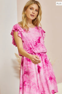 Tie dye dress with flutter sleeves and elastic waistline. Lined, woven.