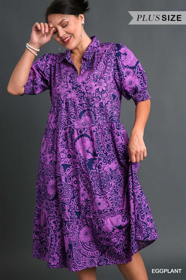 The Karla Abstract Print V-Neck Collared Tiered Dress with Puff Sleeves, & Smocked Cuffs