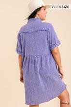 Load image into Gallery viewer, Mineral Wash Button Down Short Collared Dress with Frayed Unfished Hem
